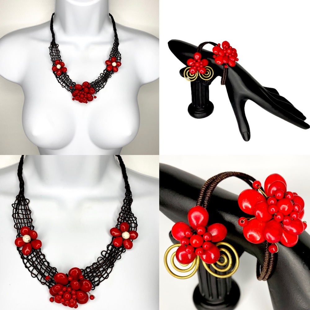 Artisan Red Flower Boho Cord Necklace & Bracelet